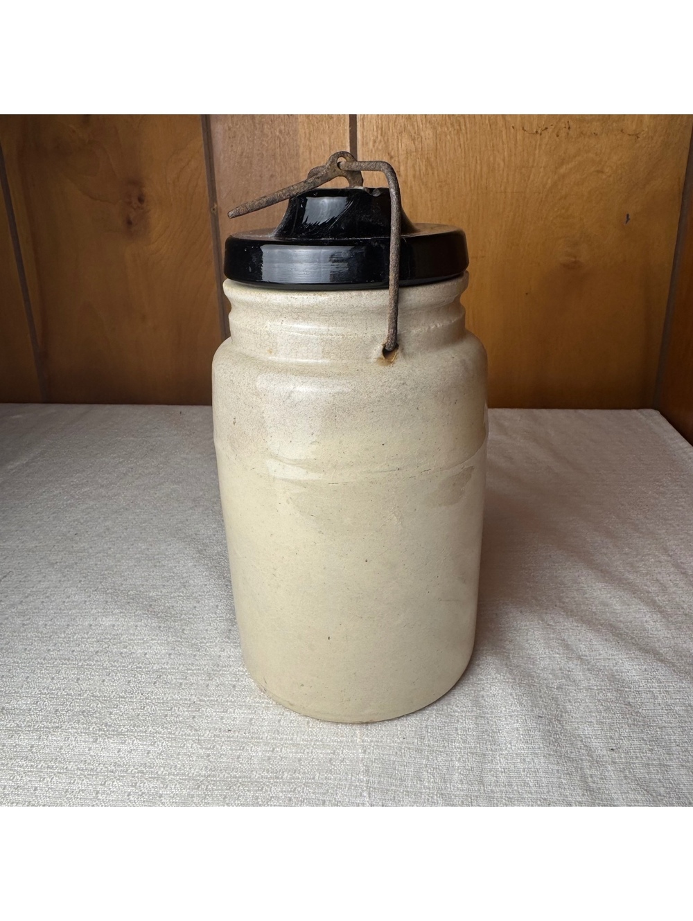 Antique Stoneware Canning Jar Black Lid Wire Bail Primitive Fruit Preserve Crock - Picture 4 of 10